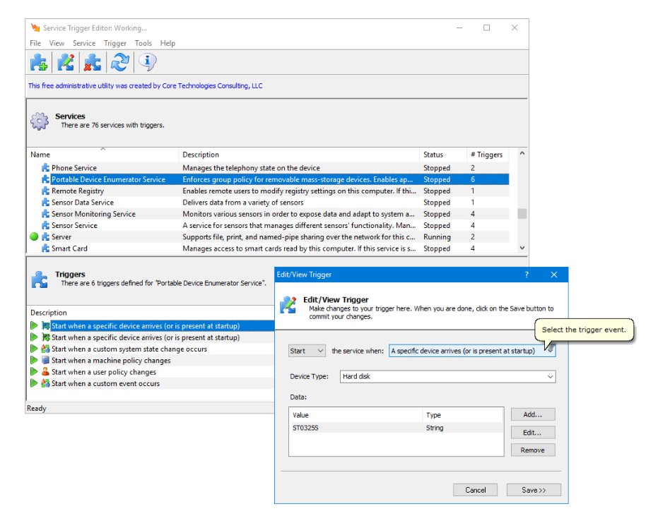 Service Trigger Editor screenshot