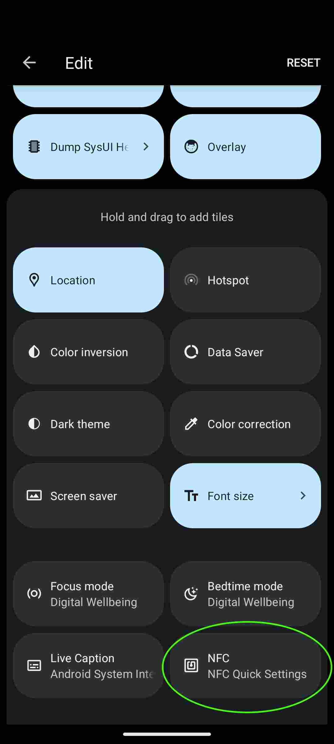 NFC Quick Settings screenshot