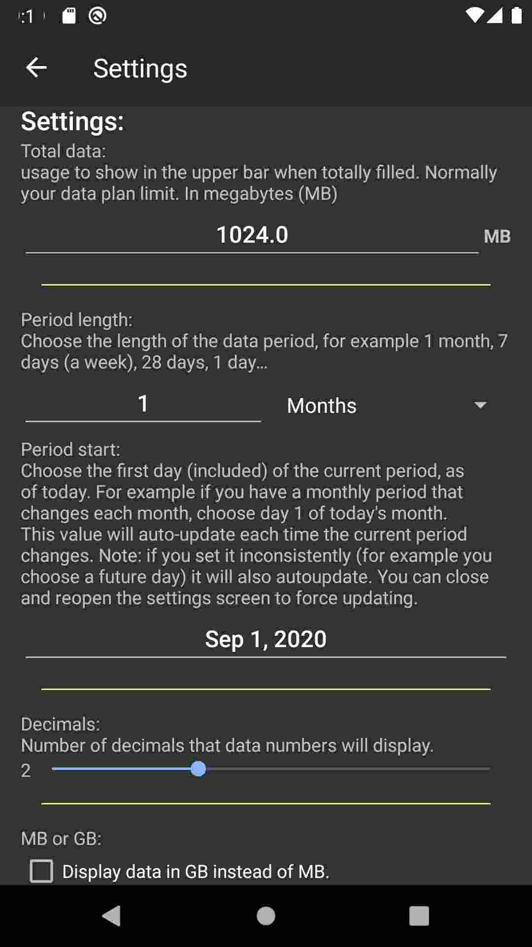 Average data usage widget screenshot