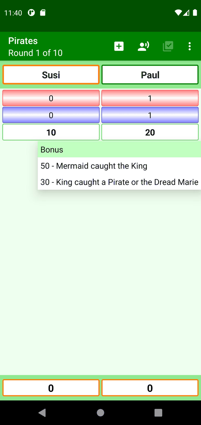 Score sheets screenshot